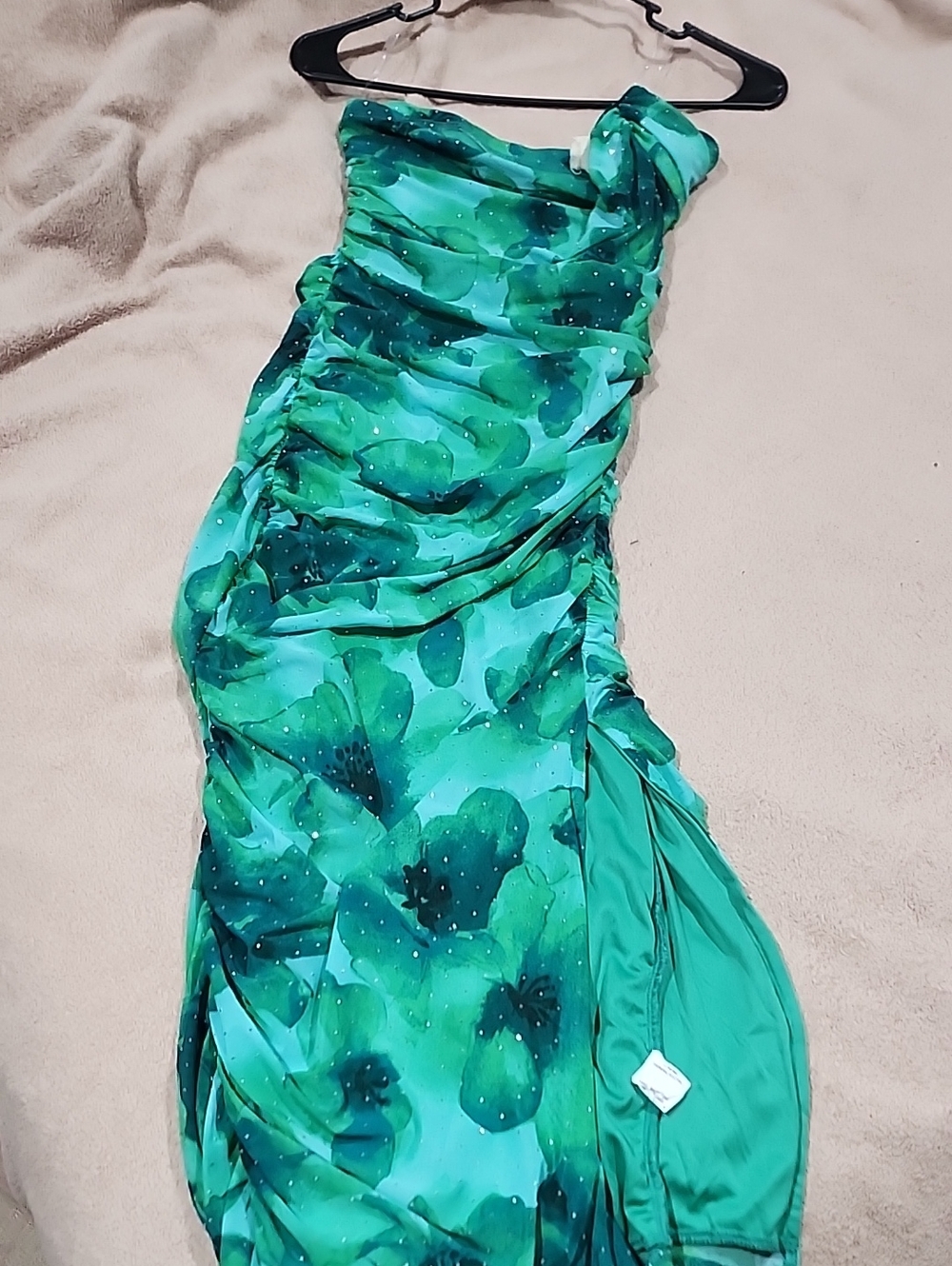 Green Floral One-Shoulder Ruched Dress